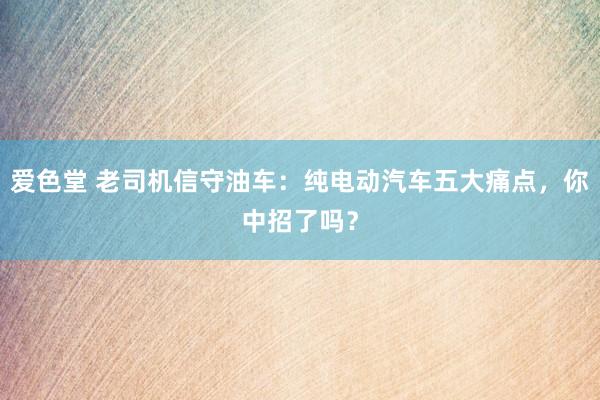 爱色堂 老司机信守油车：纯电动汽车五大痛点，你中招了吗？